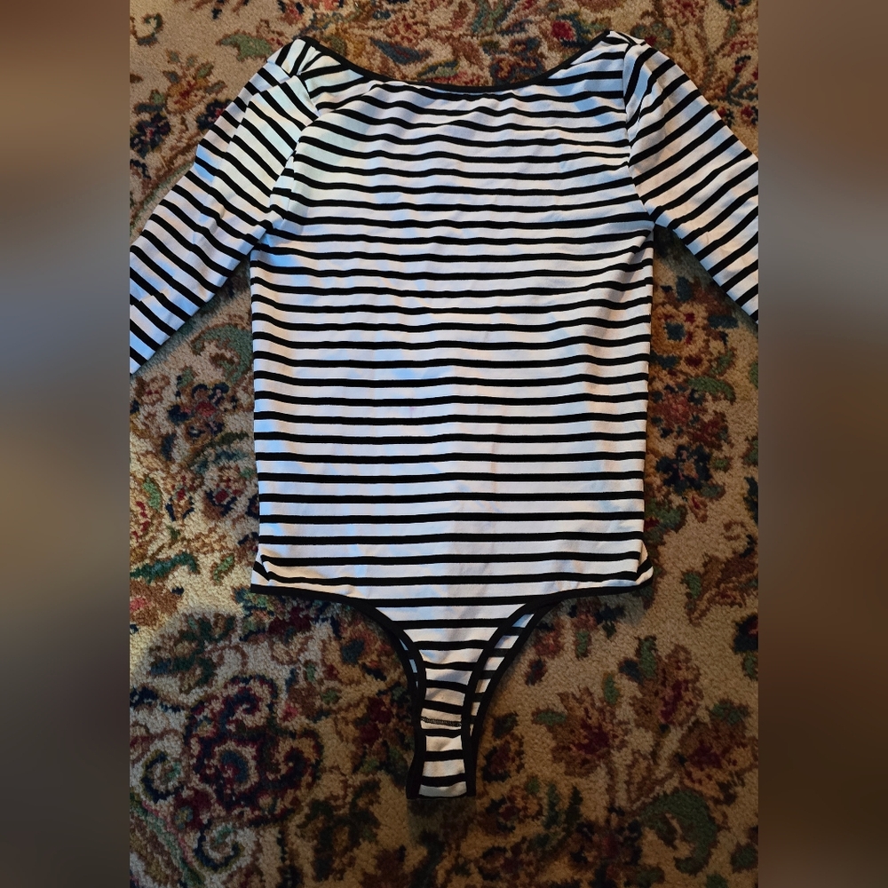 Free People Black and White Striped  Bodysuit